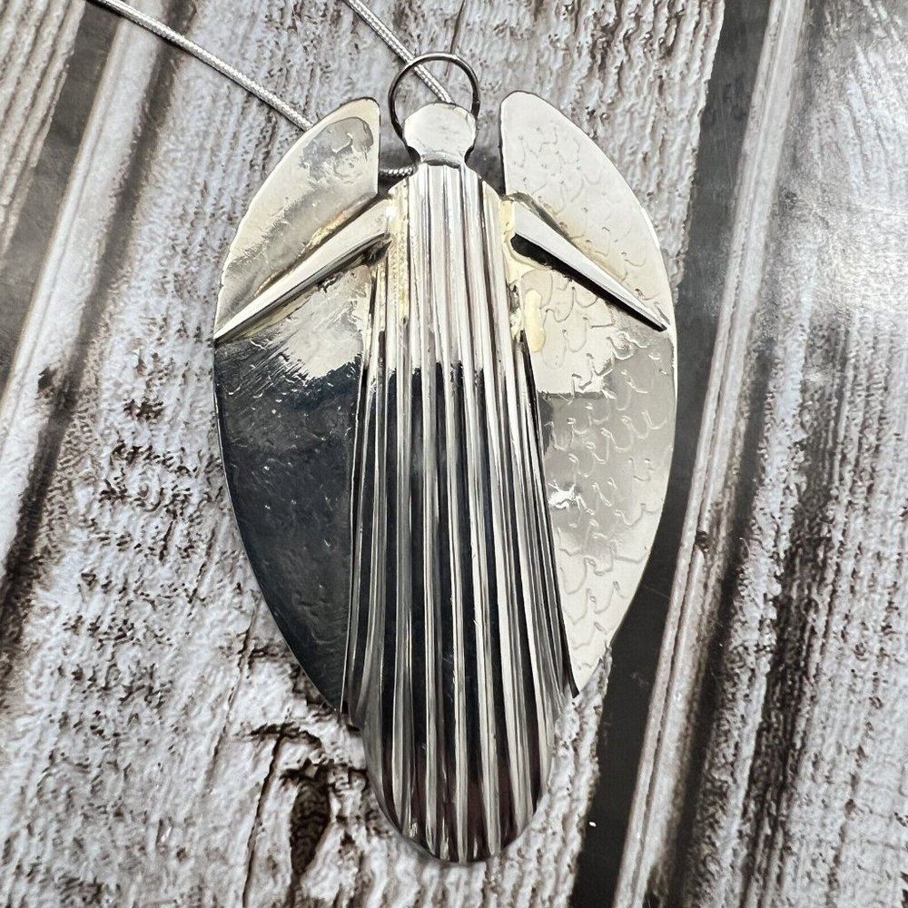 Angel Spoon Pendant Necklace Stainless Steel 24" Silver Plate Chain Halo Wings
